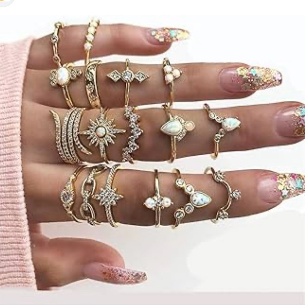 17 Pc Boho Ethnic Gypsy Opal, Crystal, Gold Tone Rings in Various Sizes - NWT - Picture 4 of 14
